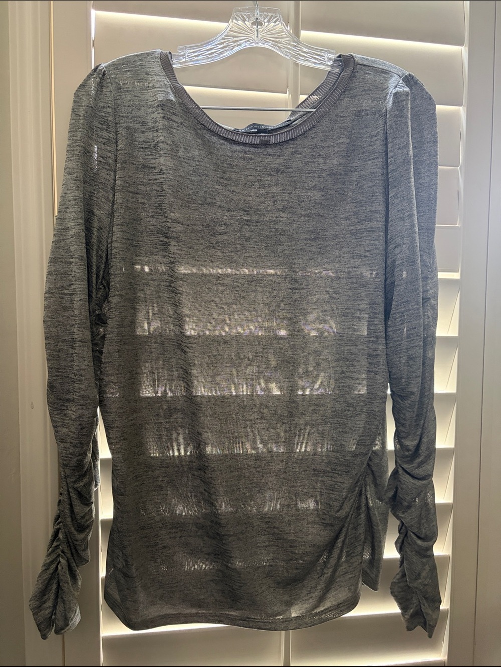 White House Black Market Heather Gray/Silver Ruched Sweater Top